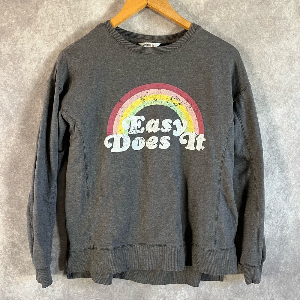 Wildfox Graphic Sweatshirt Womens XS Gray Easy Does It Rainbow Side Slit WLT4869